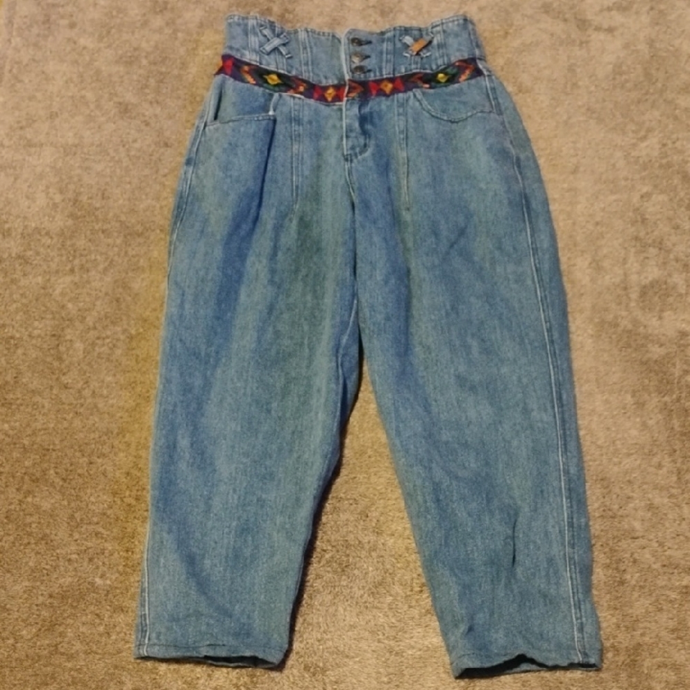 80s High Waist Paper Bag Triple Button Fly Mom Jeans Southwest Aztec Altered